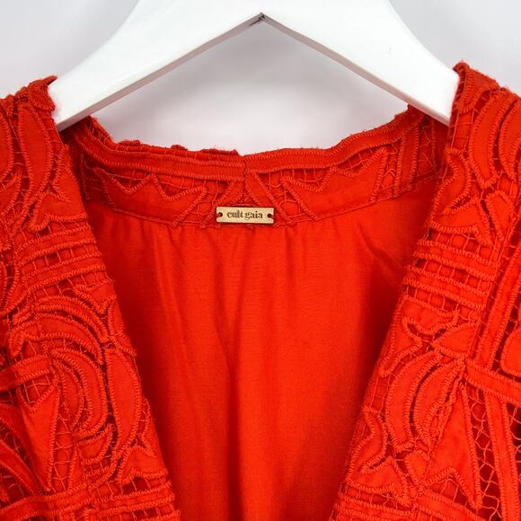 Cult Gaia Willow Guipure Lace Midi Dress Red Madeira Puff Sleeve Size M - Picture 4 of 7